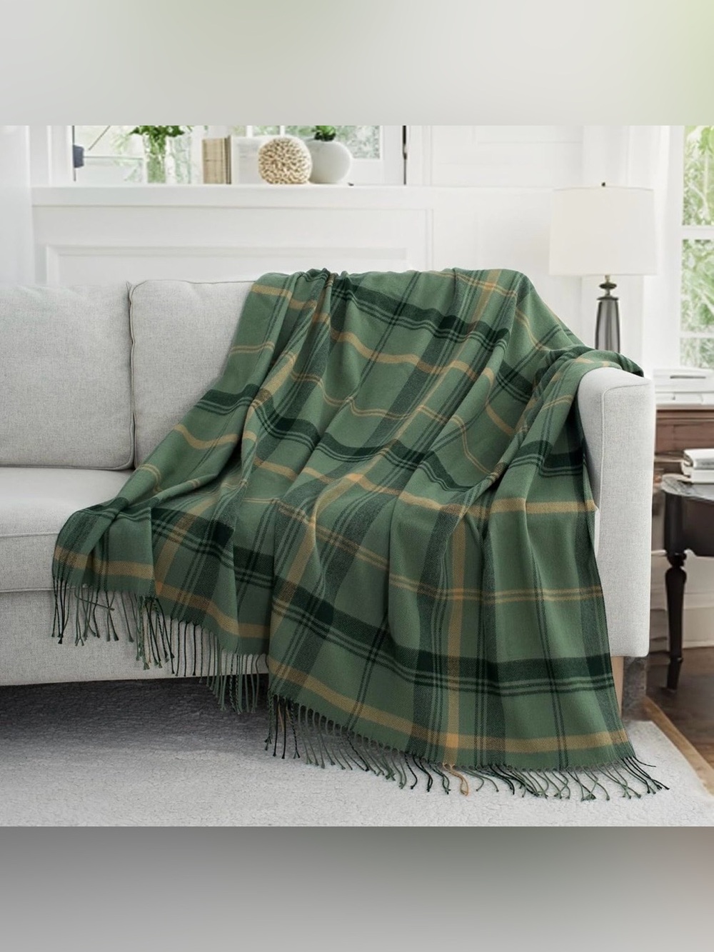 Ginamuse Green Plaid Fringe Throw Blanket